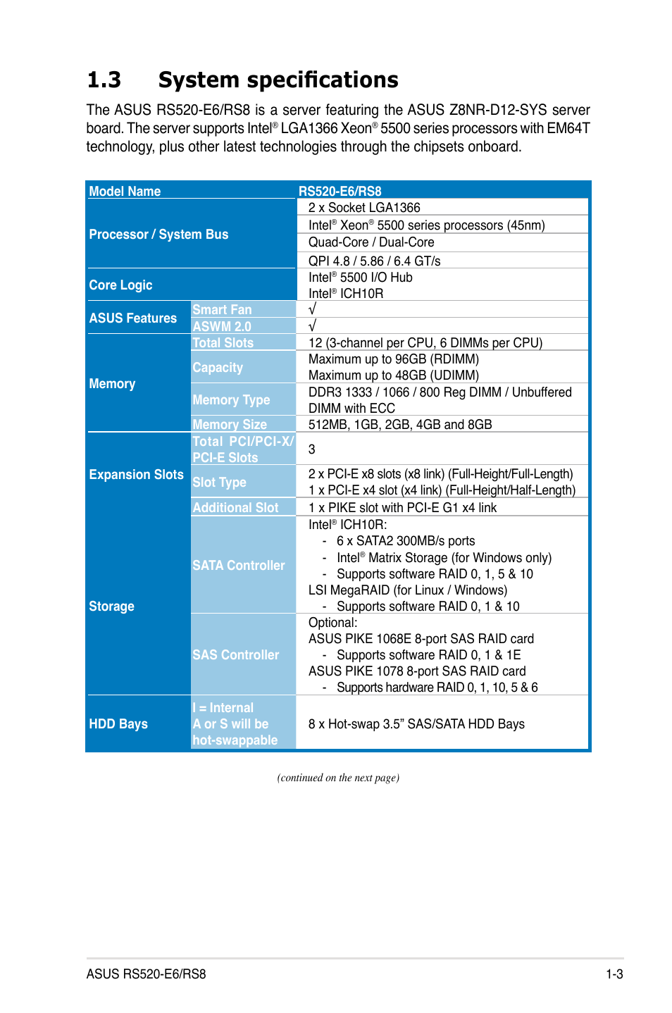 3 system specifications, System specifications -3 | Asus RS520-E6/RS8 User Manual | Page 13 / 146