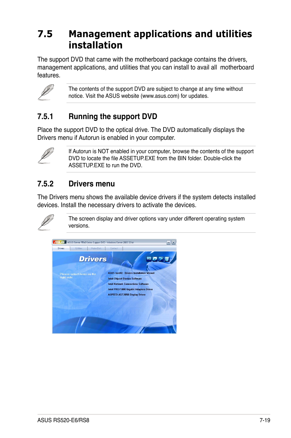 1 running the support dvd, 2 drivers menu, Running the support dvd -19 | Drivers menu -19 | Asus RS520-E6/RS8 User Manual | Page 145 / 146