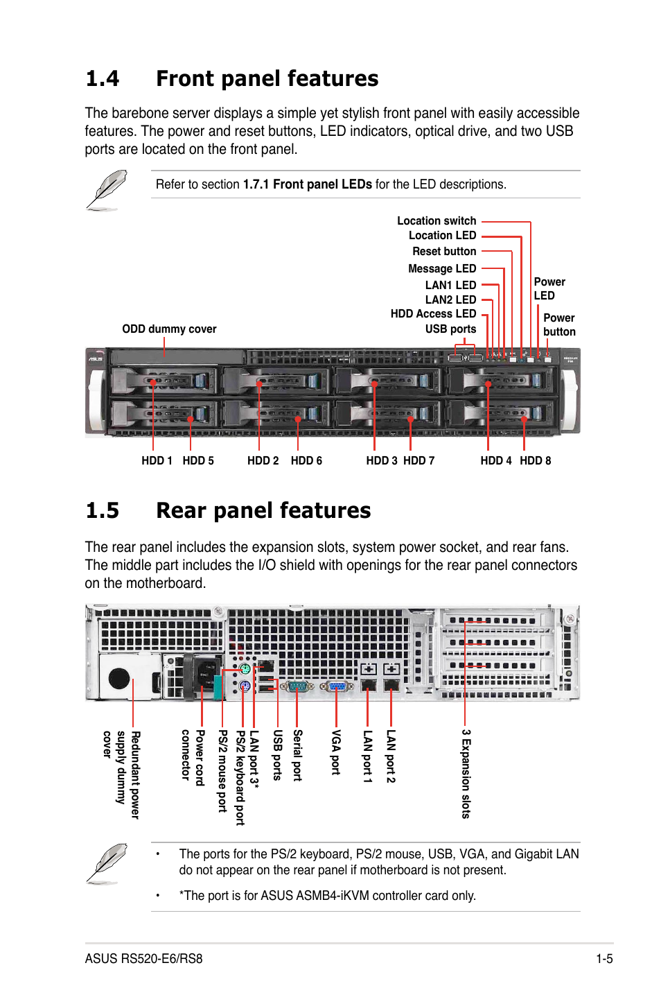 4 front panel features, 5 rear panel features, Front panel features -5 | Rear panel features -5 | Asus RS520-E6/RS8 User Manual | Page 15 / 146