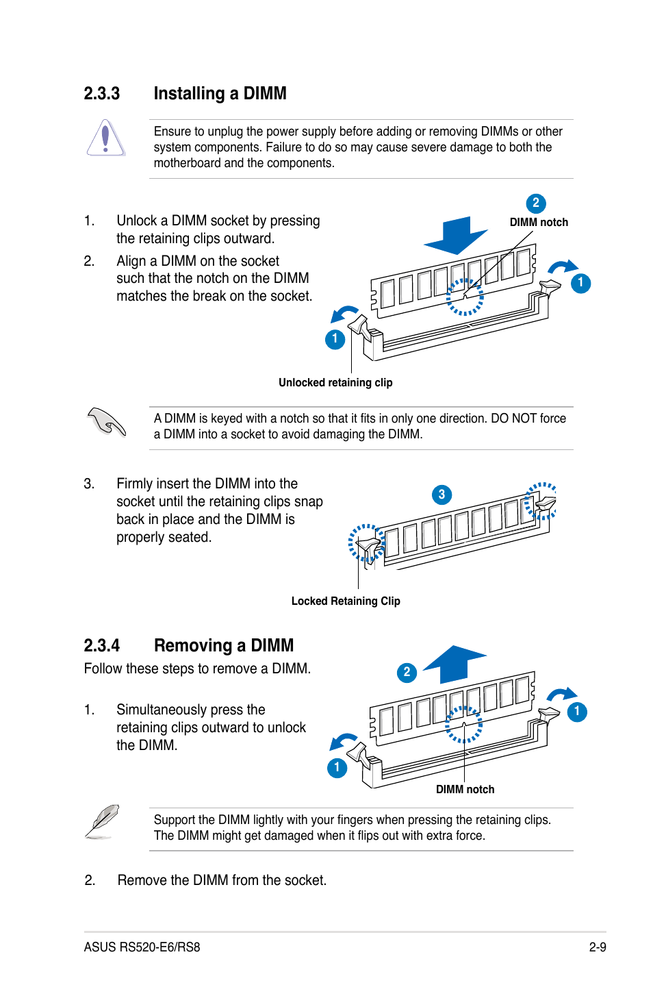 3 installing a dimm, 4 removing a dimm, Installing a dimm -9 | Removing a dimm -9, 3 installing a dimm 2.3.4 removing a dimm | Asus RS520-E6/RS8 User Manual | Page 27 / 146