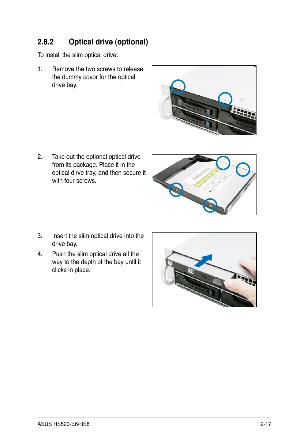 2 optical drive (optional), Optical drive (optional) -17 | Asus RS520-E6/RS8 User Manual | Page 35 / 146