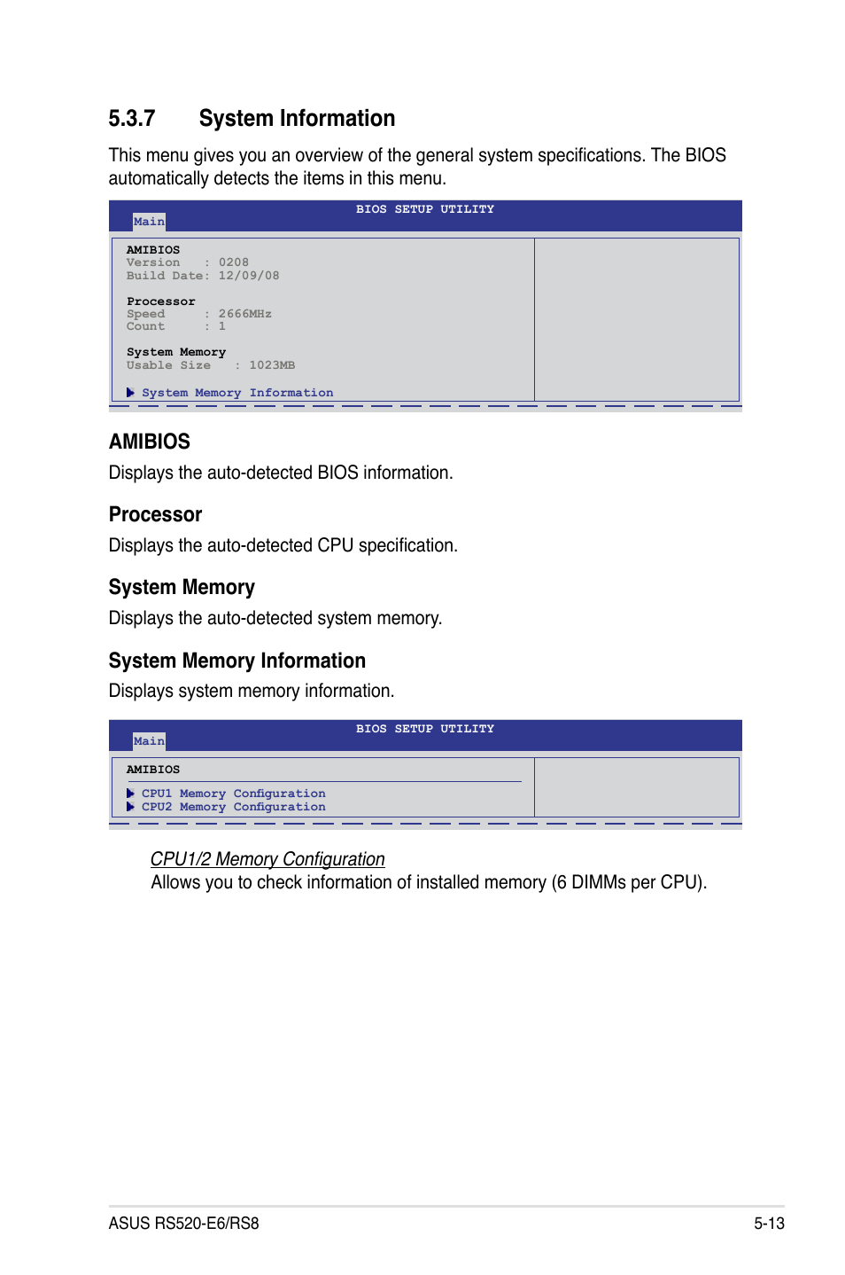 7 system information, System information -13, Amibios | Processor | Asus RS520-E6/RS8 User Manual | Page 73 / 146