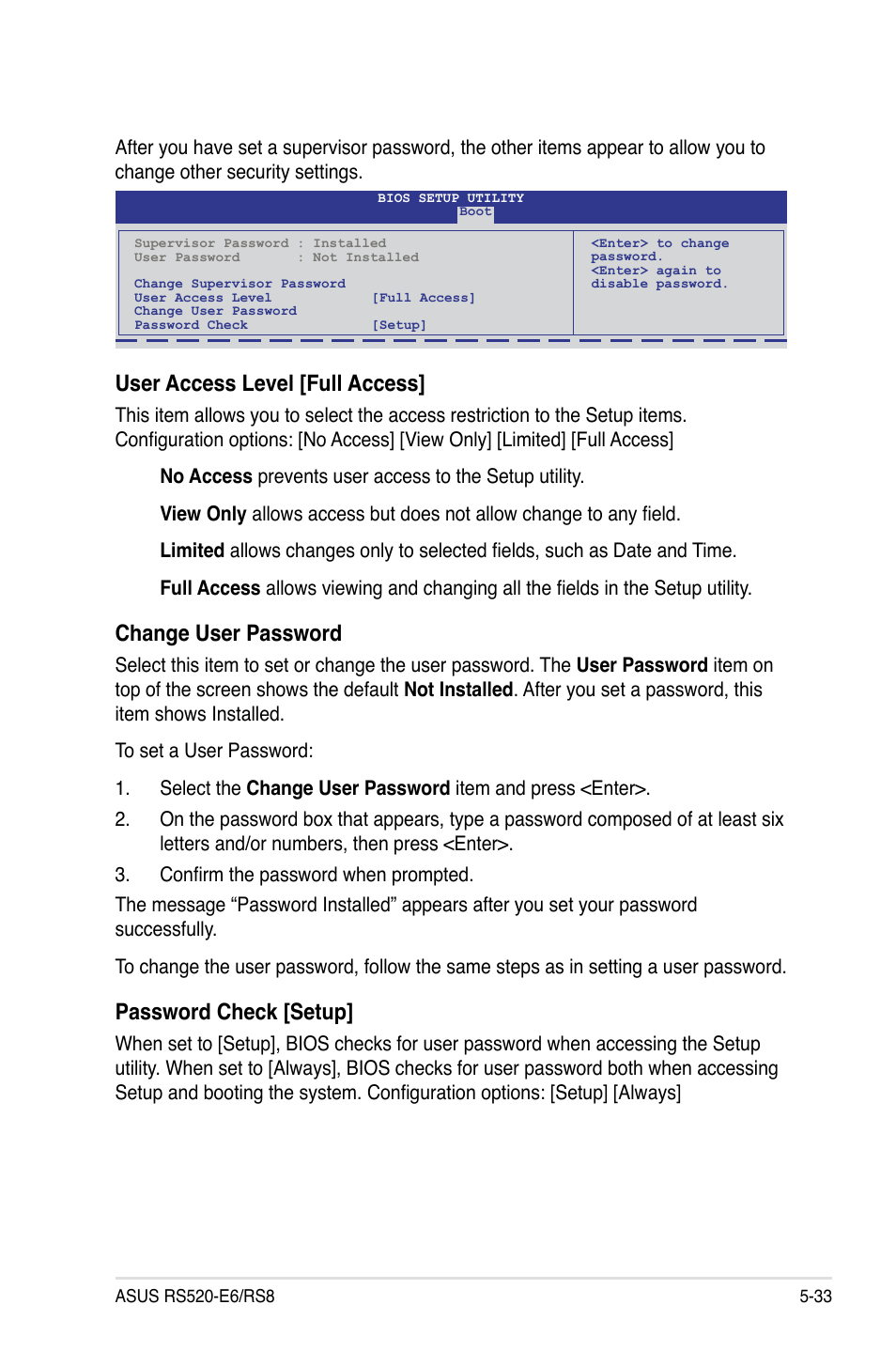 User access level [full access, Change user password, Password check [setup | Asus RS520-E6/RS8 User Manual | Page 93 / 146