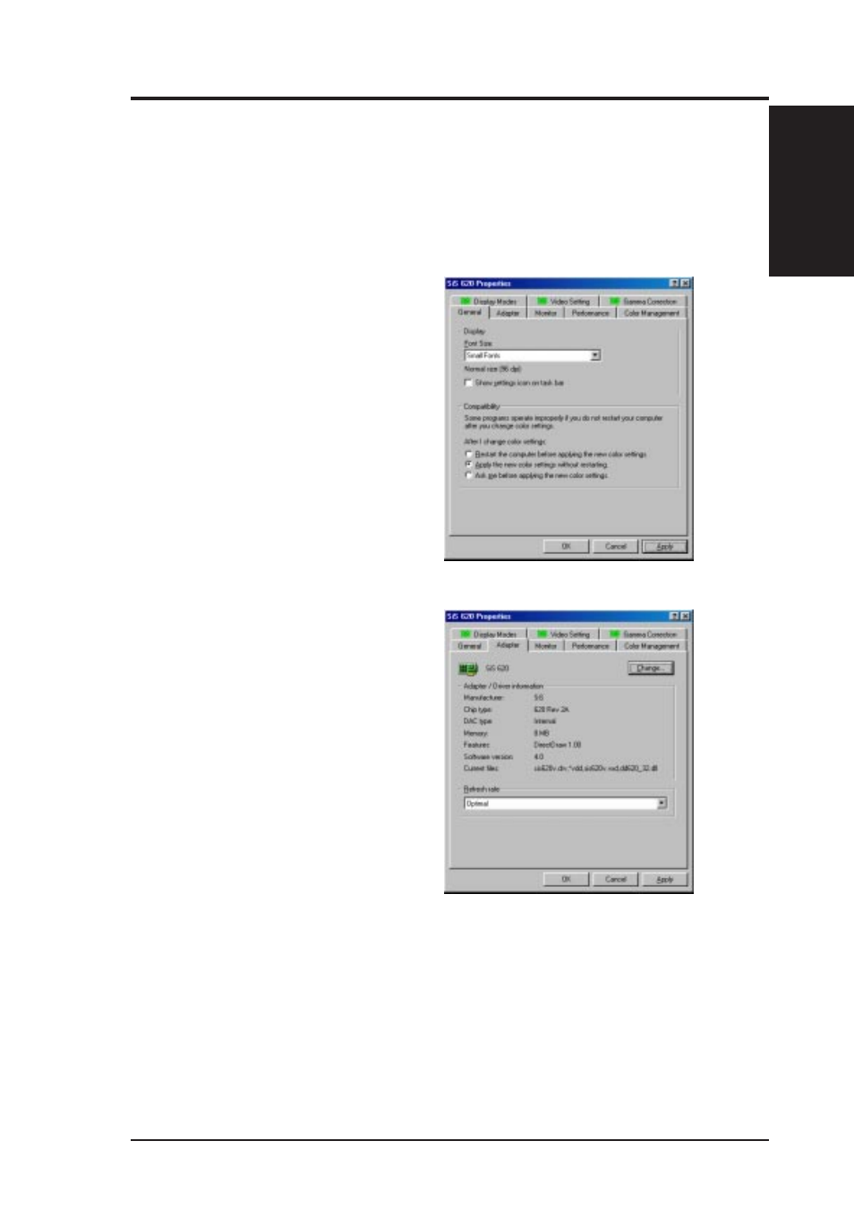 Software reference, 2 sis 620 display properties, 1 general | 2 adapter | Asus MES-N User Manual | Page 89 / 104