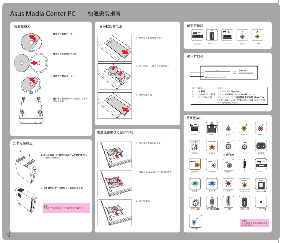 Asus media center pc, 快速安裝指南, Re co rd er dv d+ r dl di gi ta l ho me | Asus Asteio D22 User Manual | Page 12 / 20