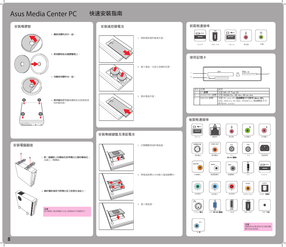 Asus media center pc, 快速安裝指南, Re co rd er dv d+ r dl di gi ta l ho me | Asus Asteio D22 User Manual | Page 8 / 20