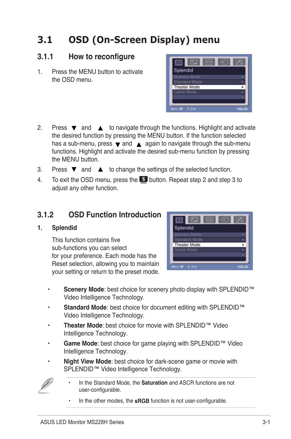 1 osd (on-screen display) menu, 1 how to reconfigure, 2 osd function introduction | Asus MS228H-W User Manual | Page 13 / 19
