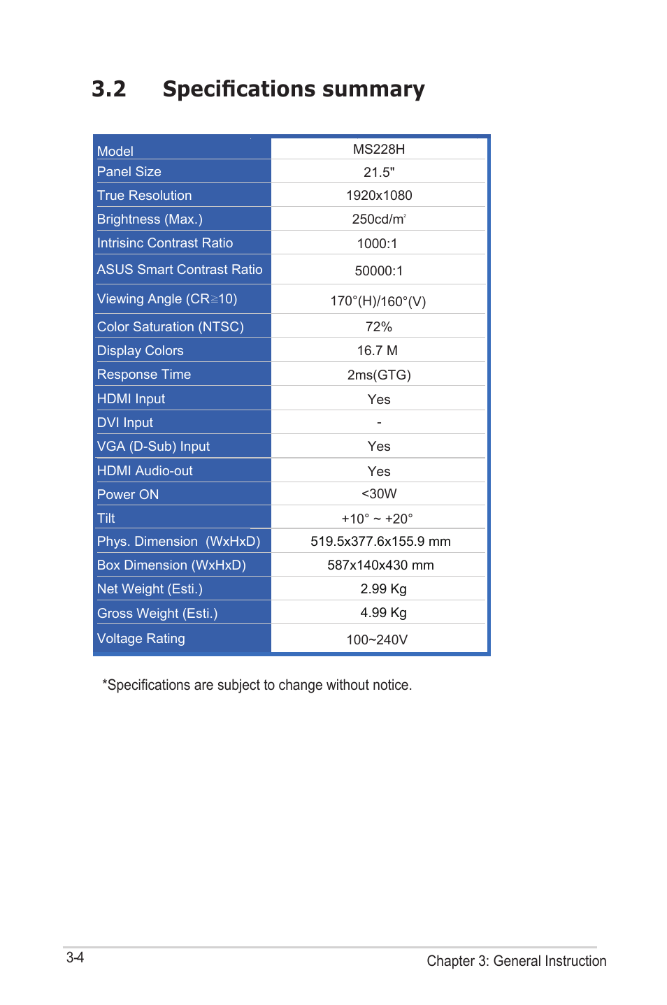 2 speciﬁcations summary | Asus MS228H-W User Manual | Page 16 / 19