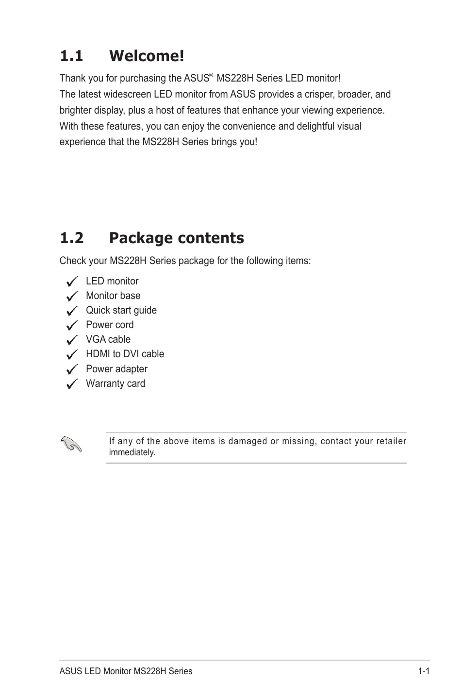 1 welcome, 2 package contents | Asus MS228H-W User Manual | Page 7 / 19