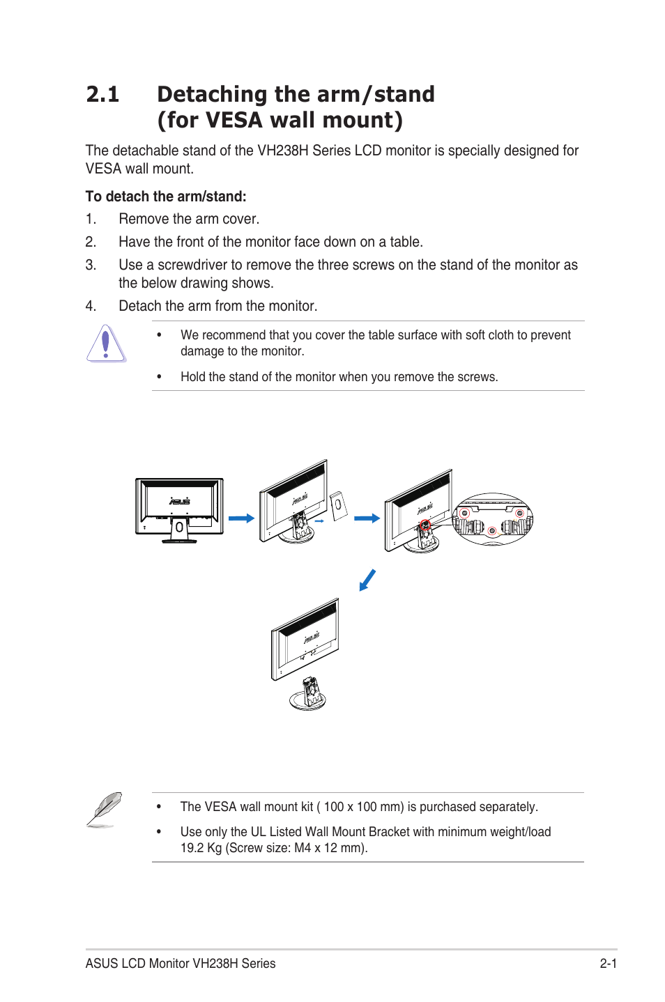 Detaching the arm/stand, For vesa wall mount) -1, 1 detaching the arm/stand (for vesa wall mount) | Asus VH238T User Manual | Page 10 / 19