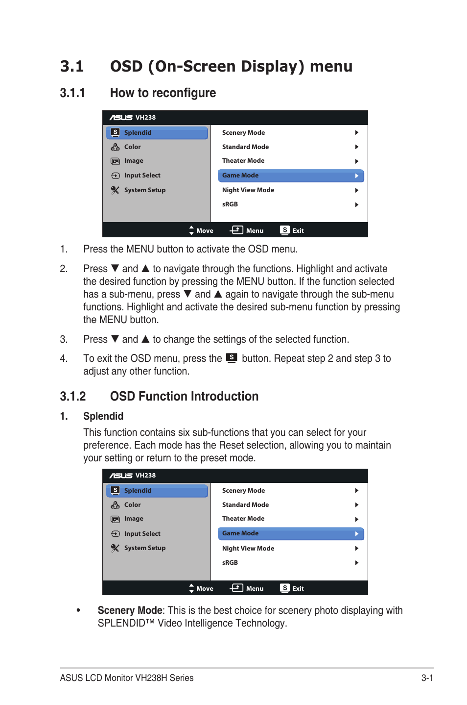 Osd (on-screen display) menu -1 3.1.1, How to reconfigure -1, Osd function introduction -1 | 1 osd (on-screen display) menu, 1 how to reconfigure, 2 osd function introduction | Asus VH238T User Manual | Page 12 / 19