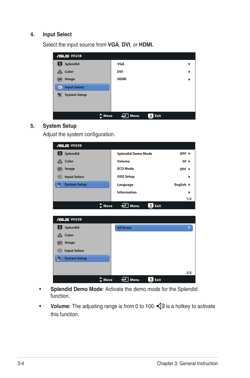 System setup adjust the system configuration, 4 chapter 3: general instruction | Asus VH238T User Manual | Page 15 / 19