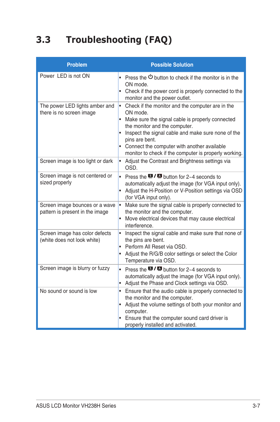 Troubleshooting (faq) -7, 3 troubleshooting (faq) | Asus VH238T User Manual | Page 18 / 19