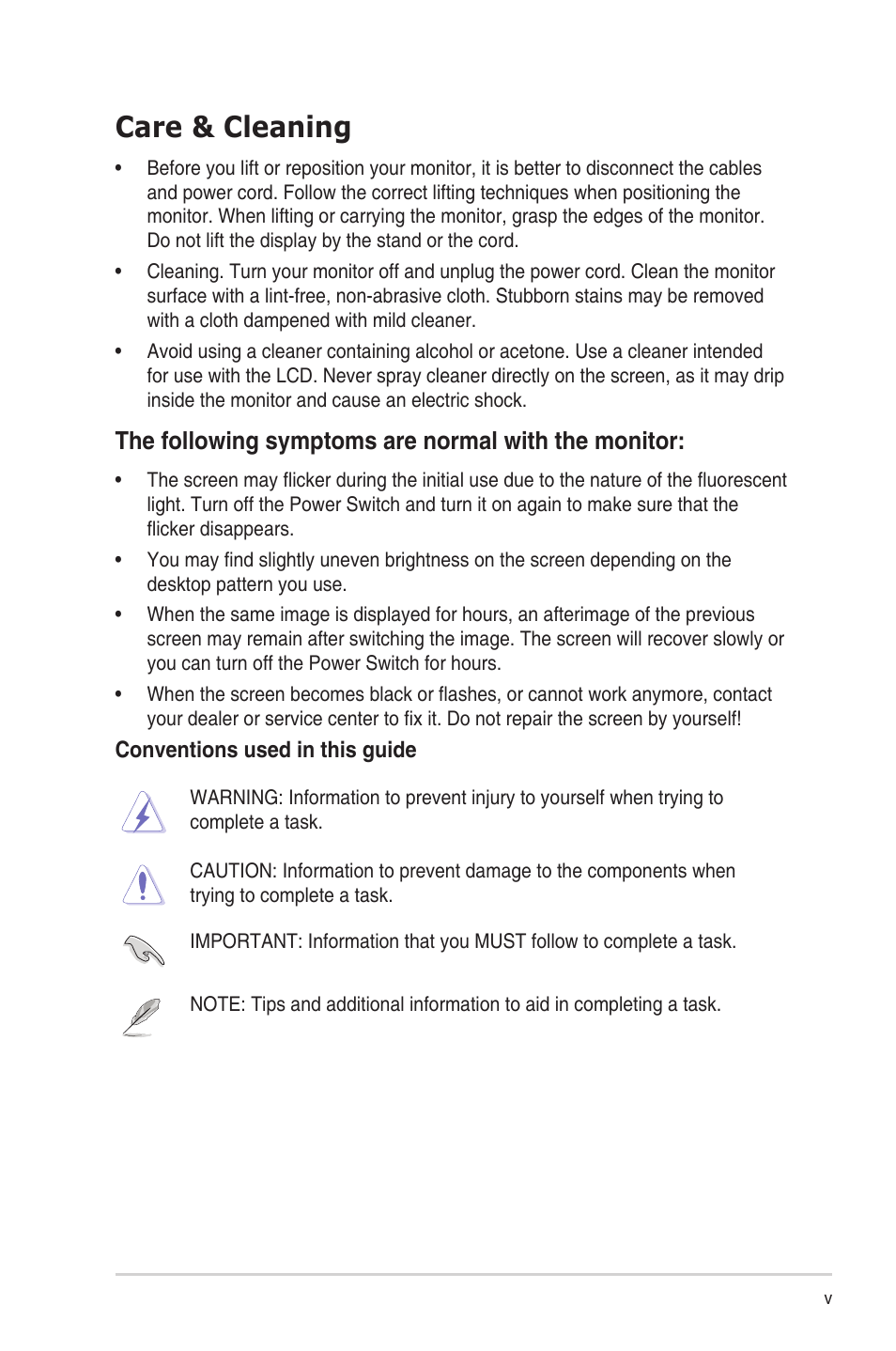 Care & cleaning, The following symptoms are normal with the monitor | Asus VH238T User Manual | Page 5 / 19