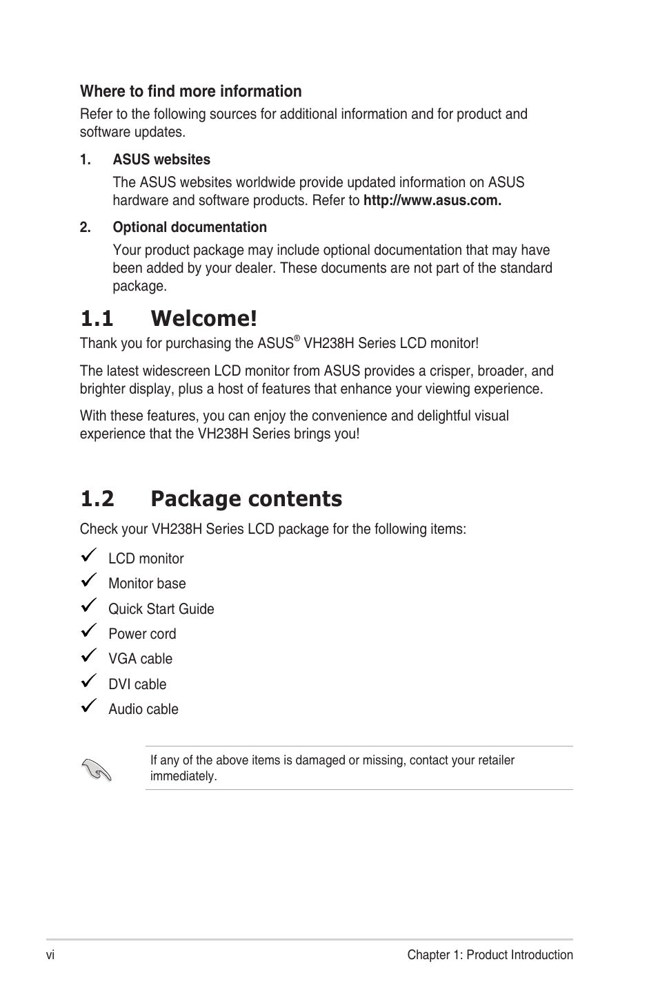1 welcome, 2 package contents | Asus VH238T User Manual | Page 6 / 19