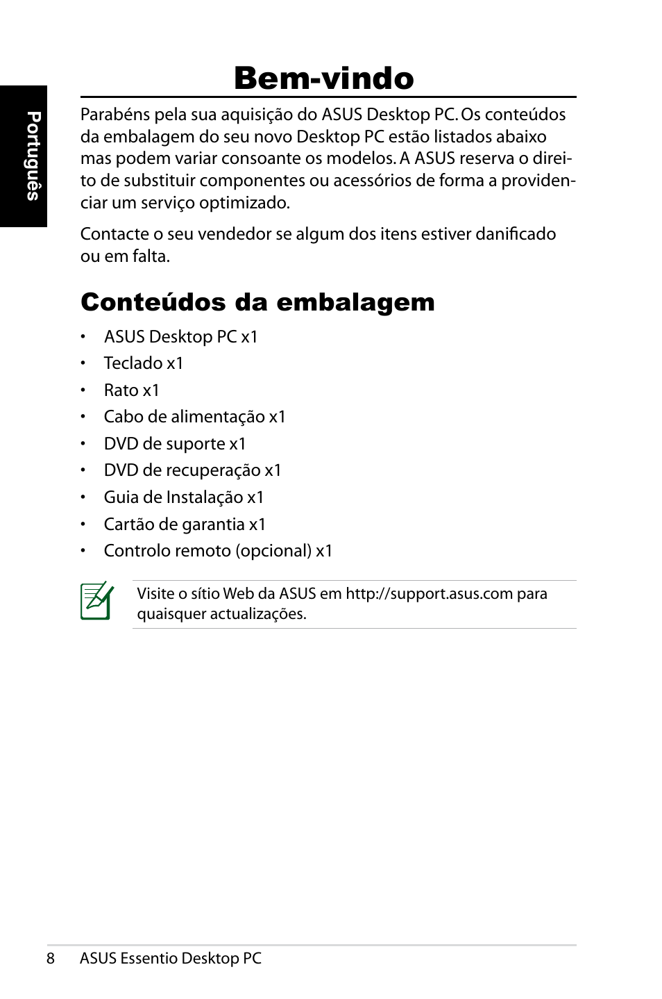 Bem-vindo, Conteúdos da embalagem | Asus CT1410 User Manual | Page 130 / 202