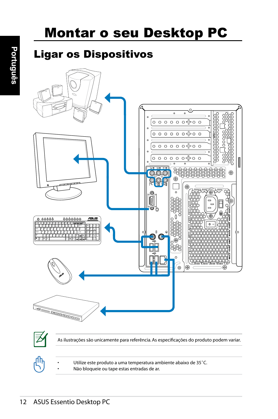 Montar o seu desktop pc, Ligar os dispositivos, Português | 12 asus essentio desktop pc | Asus CT1410 User Manual | Page 134 / 202