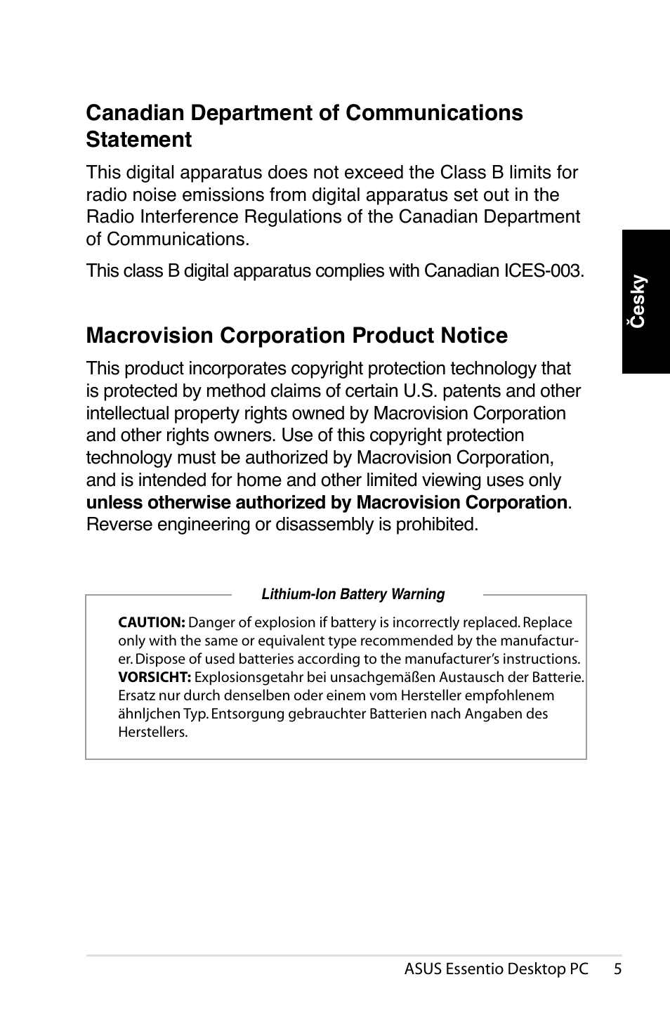 Canadian department of communications statement, Macrovision corporation product notice | Asus CT1410 User Manual | Page 147 / 202