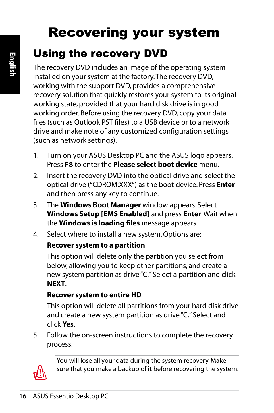 Recovering your system, Using the recovery dvd | Asus CT1410 User Manual | Page 16 / 202