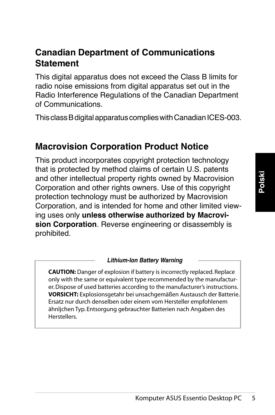 Canadian department of communications statement, Macrovision corporation product notice | Asus CT1410 User Manual | Page 167 / 202