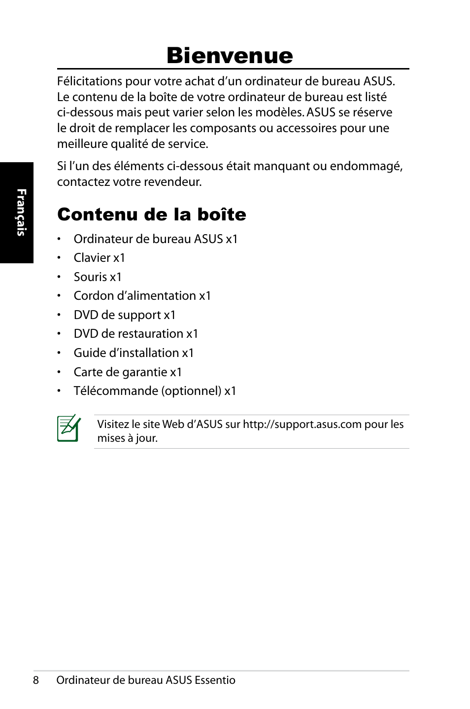 Bienvenue, Contenu de la boîte | Asus CT1410 User Manual | Page 28 / 202