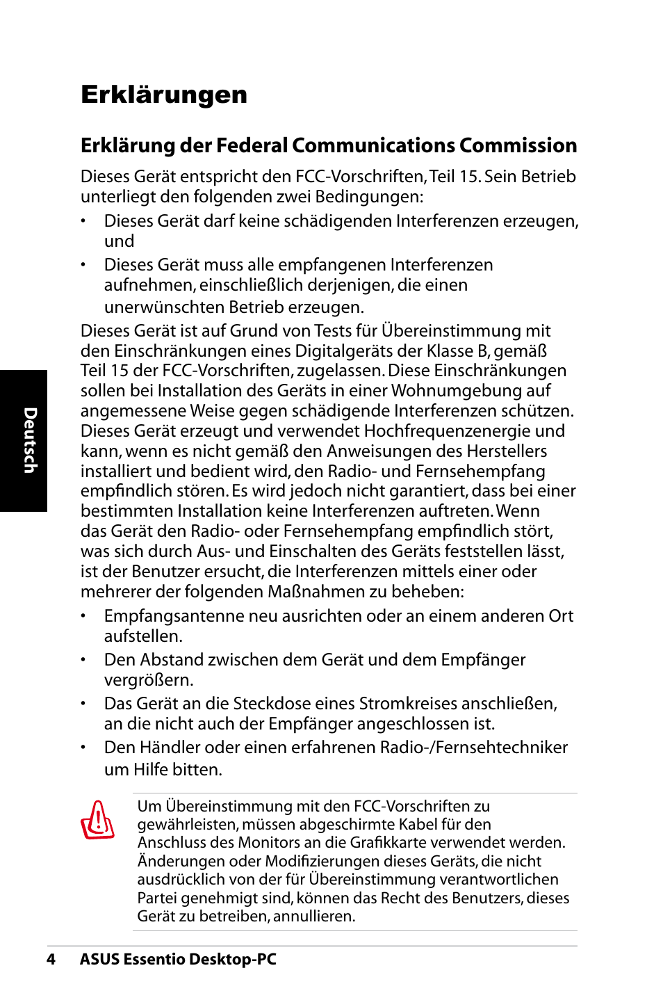 Erklärungen, Erklärung der federal communications commission | Asus CT1410 User Manual | Page 44 / 202