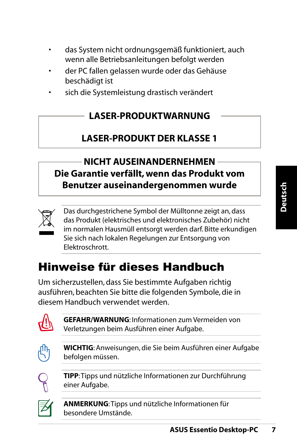 Hinweise für dieses handbuch, Laser-produktwarnung laser-produkt der klasse 1 | Asus CT1410 User Manual | Page 47 / 202