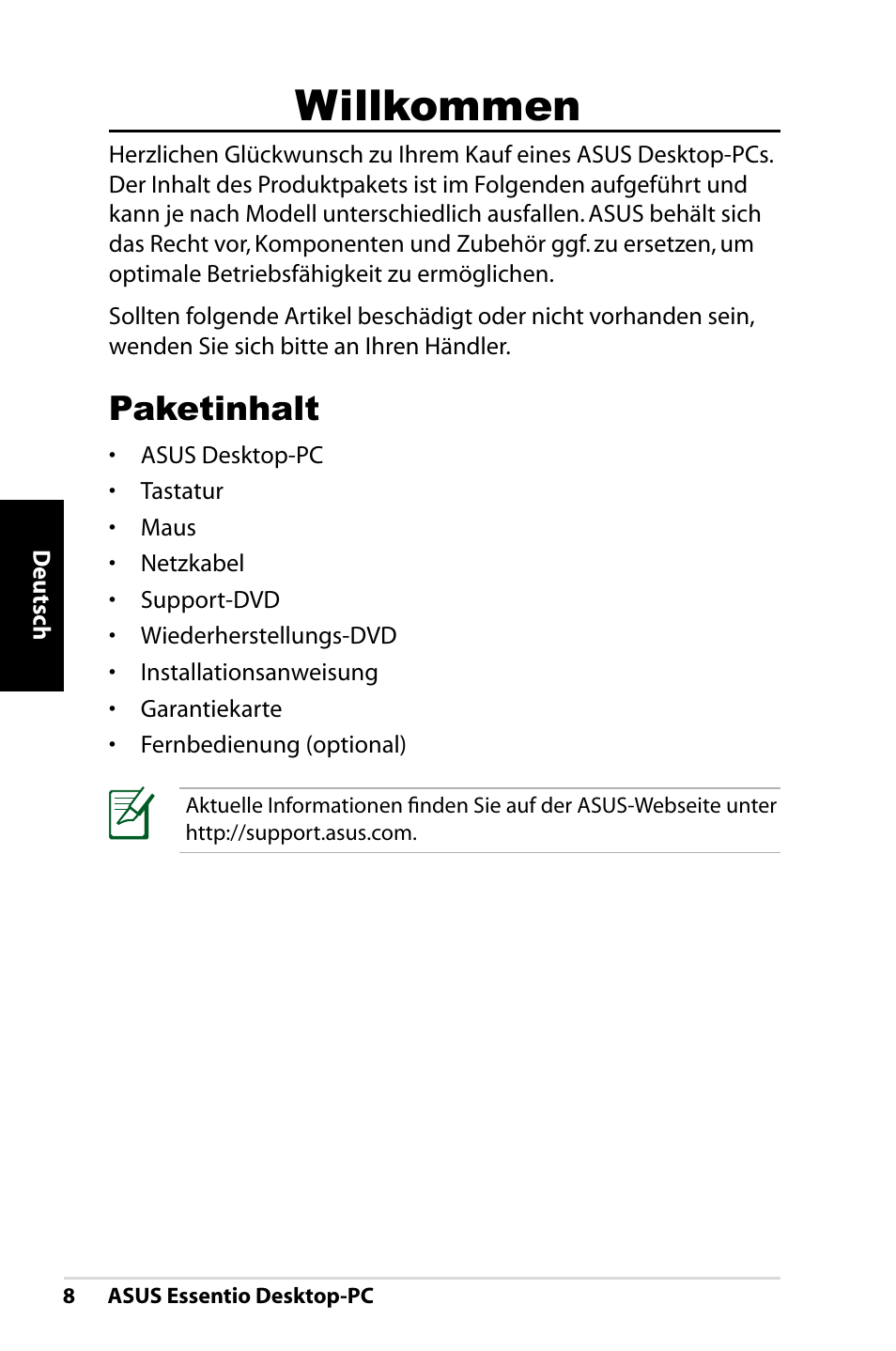 Willkommen, Paketinhalt | Asus CT1410 User Manual | Page 48 / 202