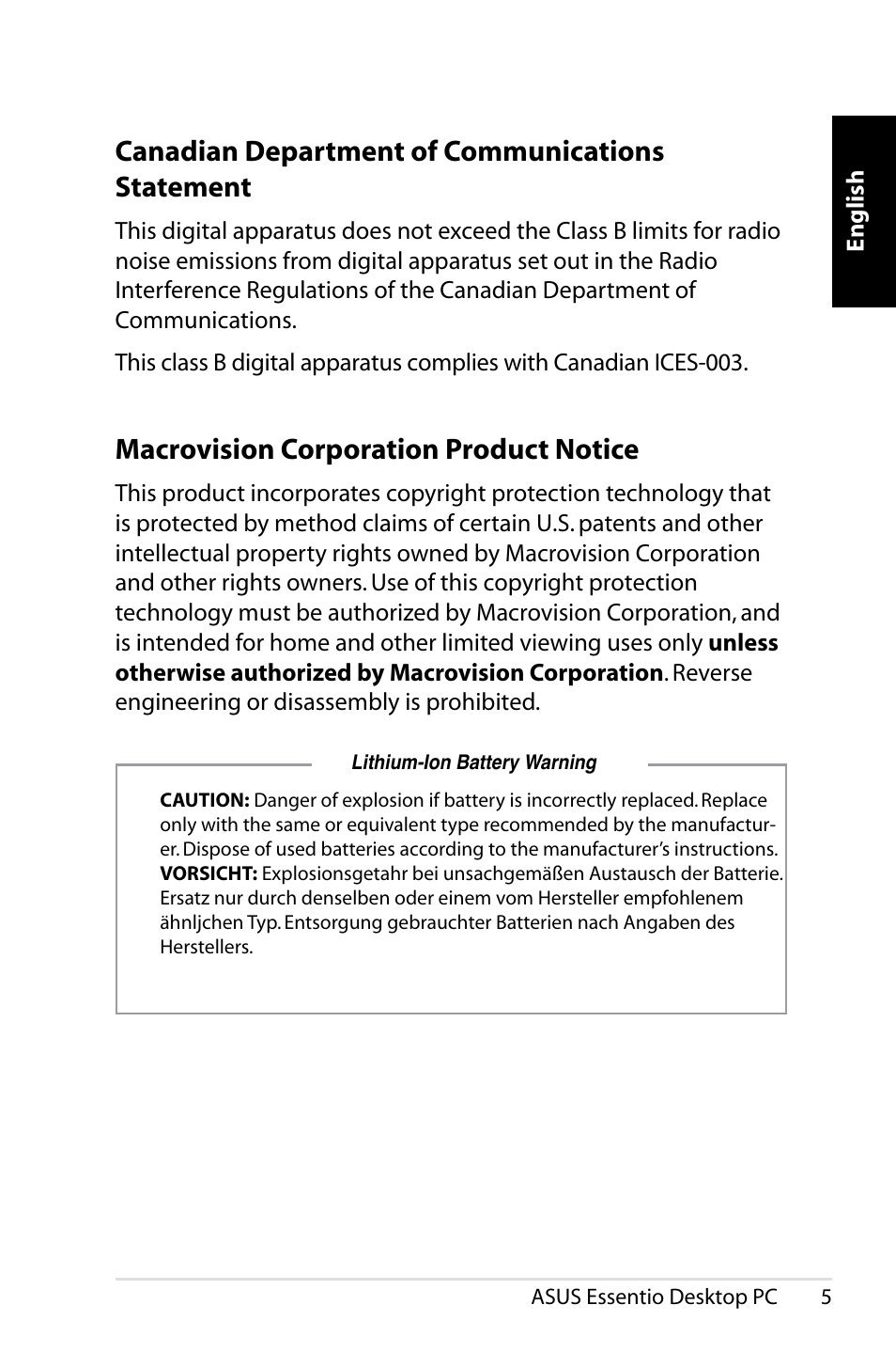 Canadian department of communications statement, Macrovision corporation product notice | Asus CT1410 User Manual | Page 5 / 202