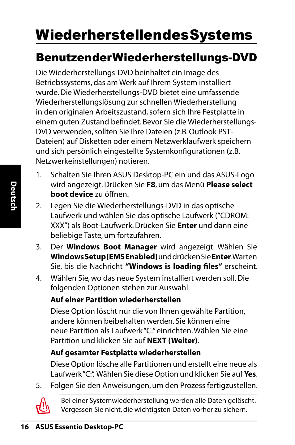 Wiederherstellen des systems, Benutzen der wiederherstellungs-dvd | Asus CT1410 User Manual | Page 56 / 202