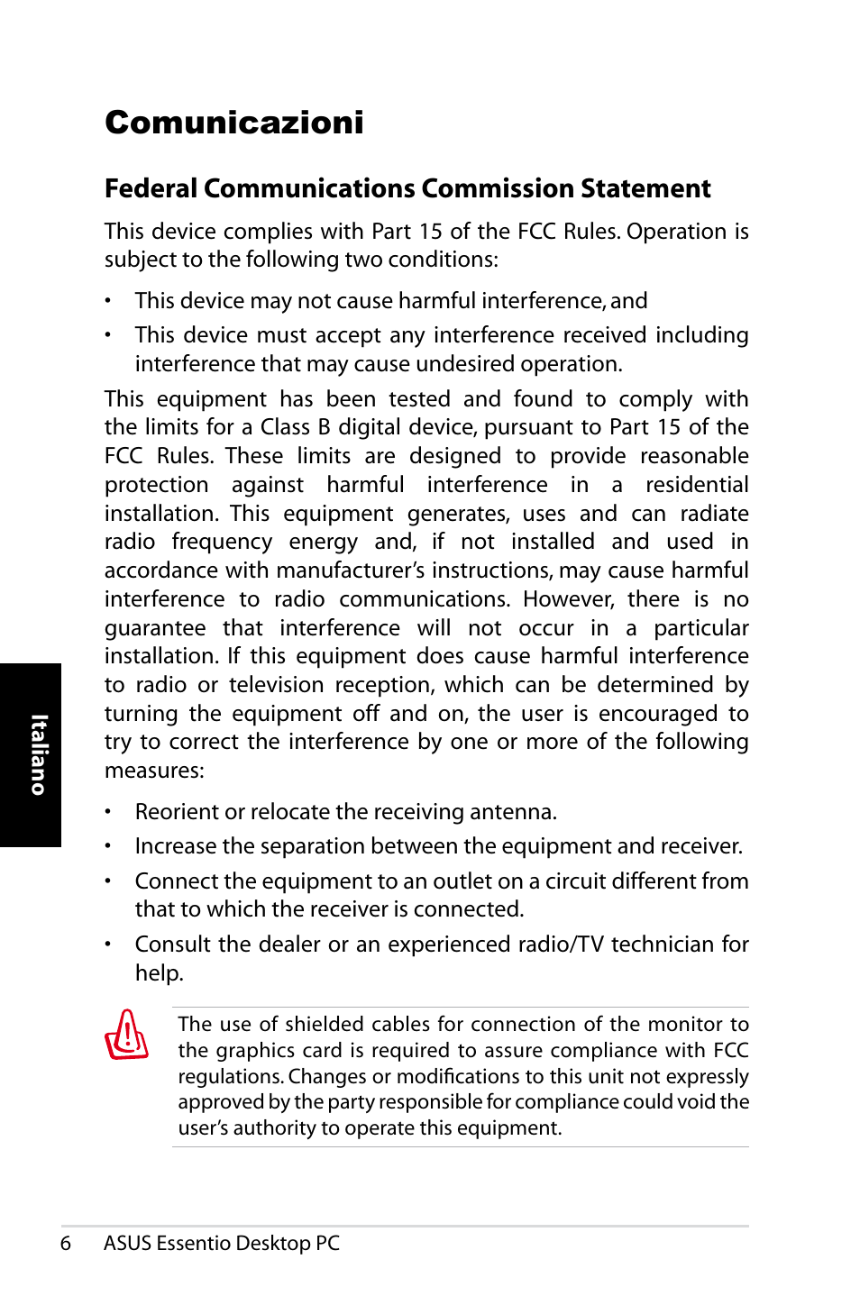 Comunicazioni, Federal communications commission statement | Asus CT1410 User Manual | Page 66 / 202