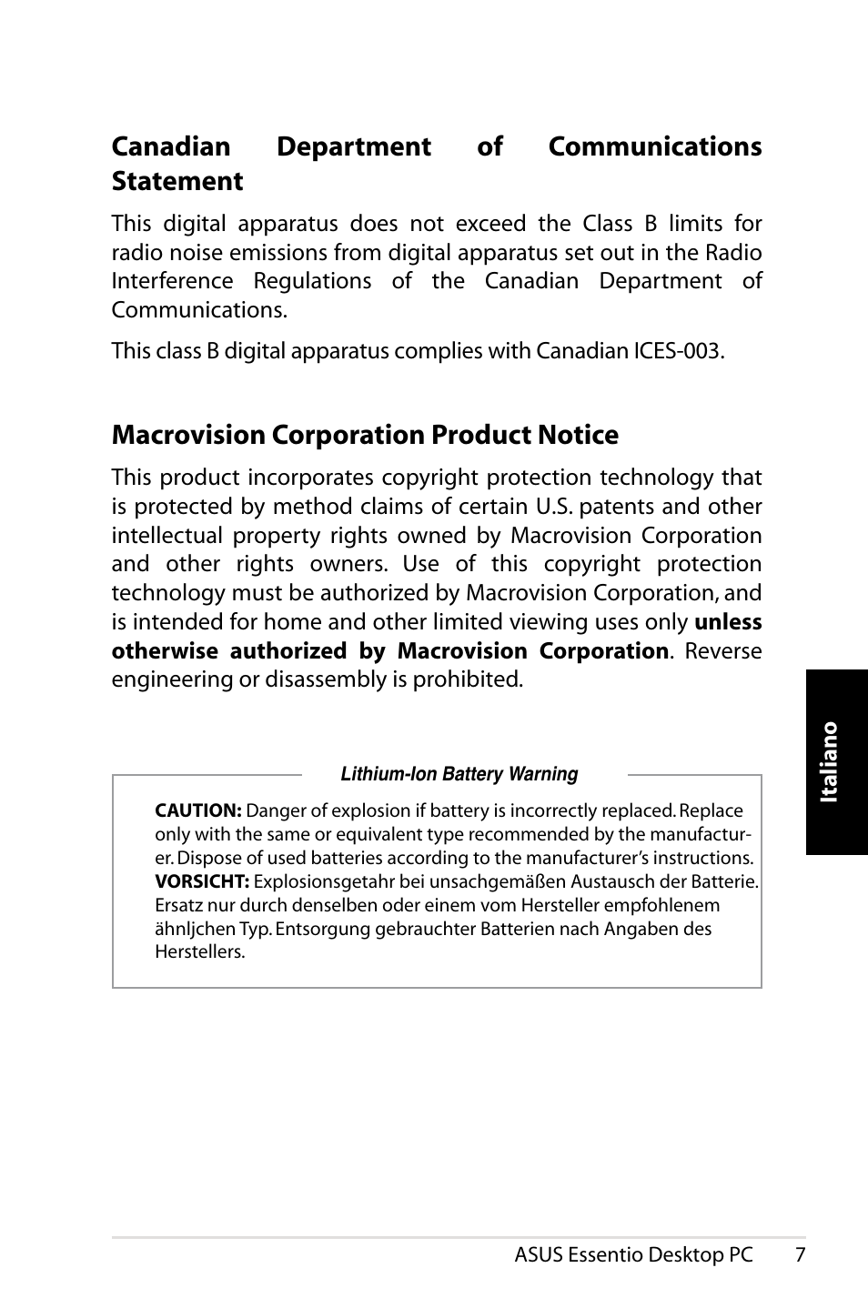 Canadian department of communications statement, Macrovision corporation product notice | Asus CT1410 User Manual | Page 67 / 202