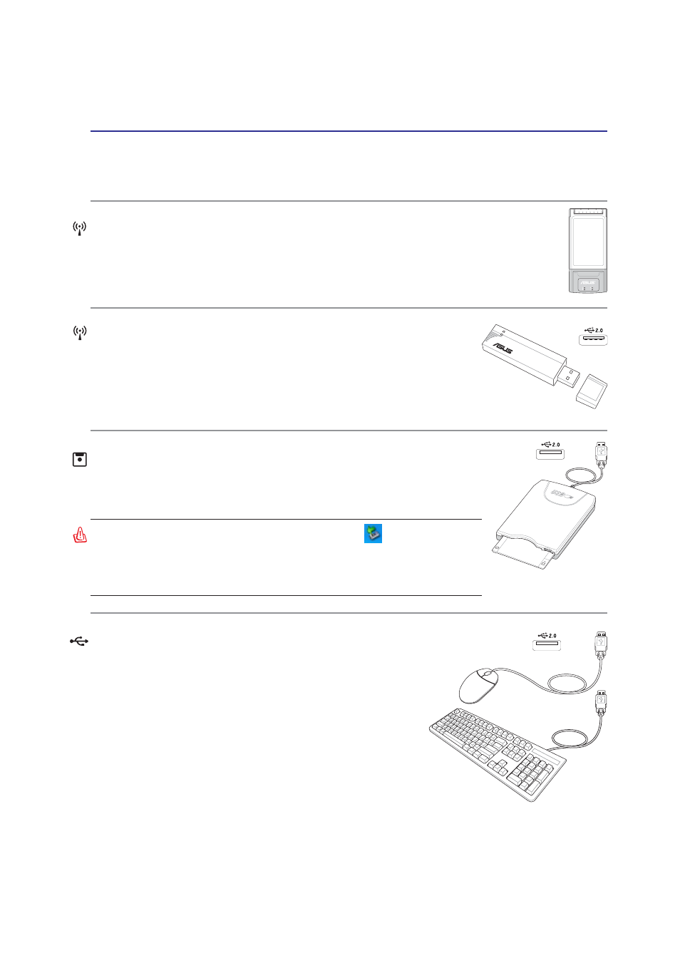 Optional accessories (cont.), Wireless lan pc card, Wireless lan usb adapter | Usb keyboard and mouse, Usb floppy disk drive | Asus U5A User Manual | Page 55 / 74