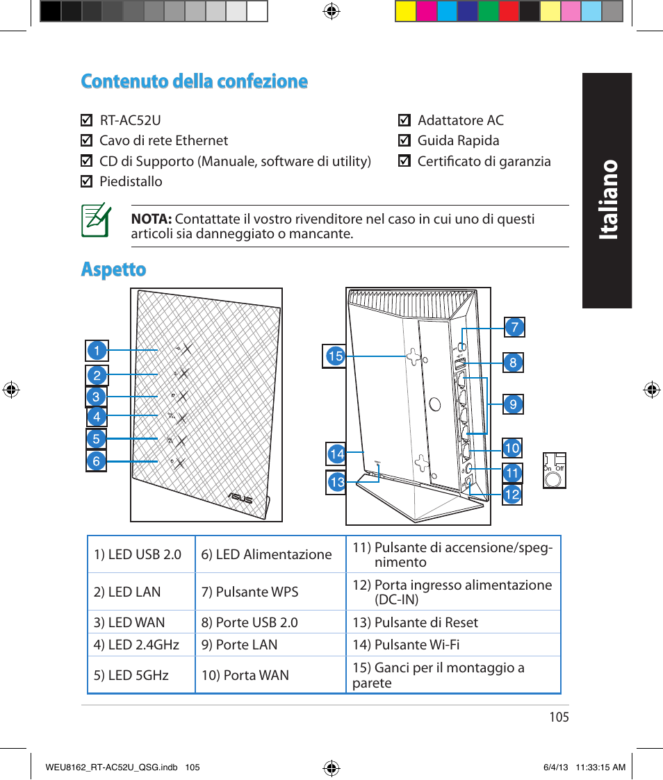 Italiano, Contenuto della confezione, Aspetto | Asus RT-AC52U User Manual | Page 102 / 178