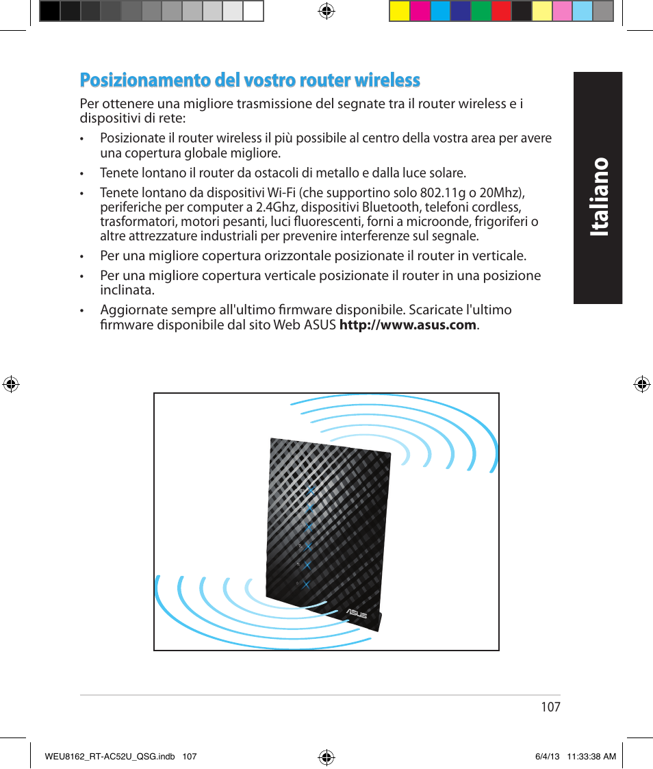 Italiano, Posizionamento del vostro router wireless | Asus RT-AC52U User Manual | Page 104 / 178