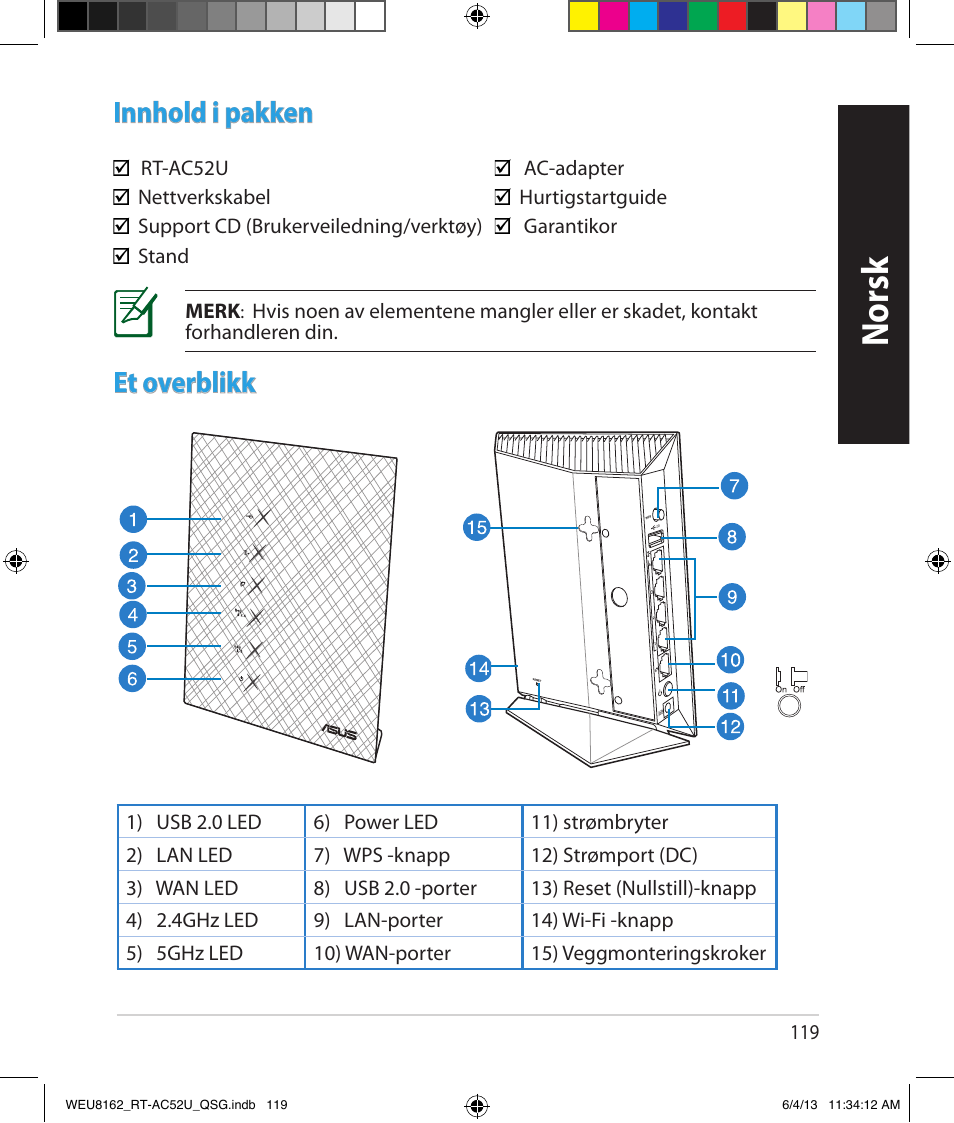 Norsk, Innhold i pakken, Et overblikk | Asus RT-AC52U User Manual | Page 116 / 178