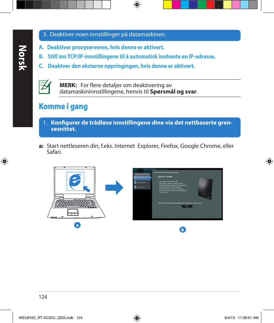 Norsk, Komme i gang | Asus RT-AC52U User Manual | Page 121 / 178