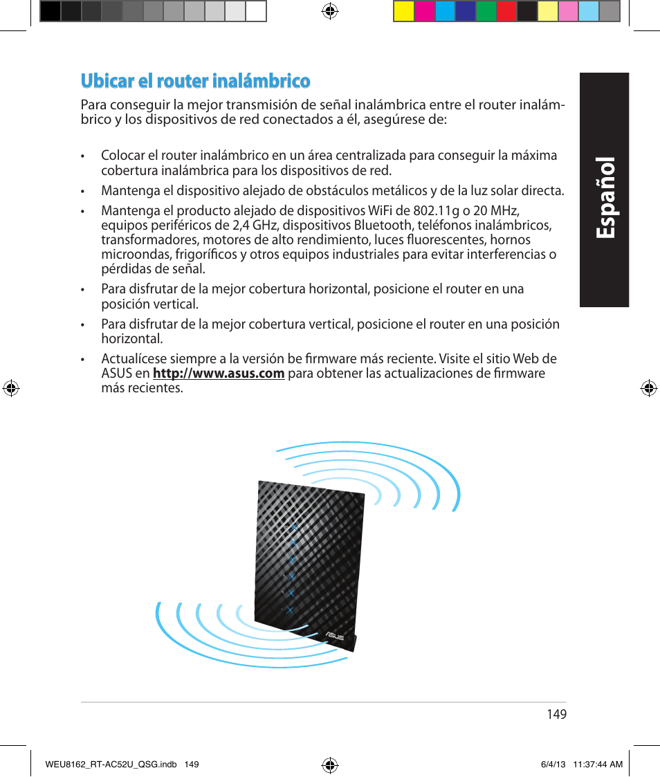 Español, Ubicar el router inalámbrico | Asus RT-AC52U User Manual | Page 146 / 178