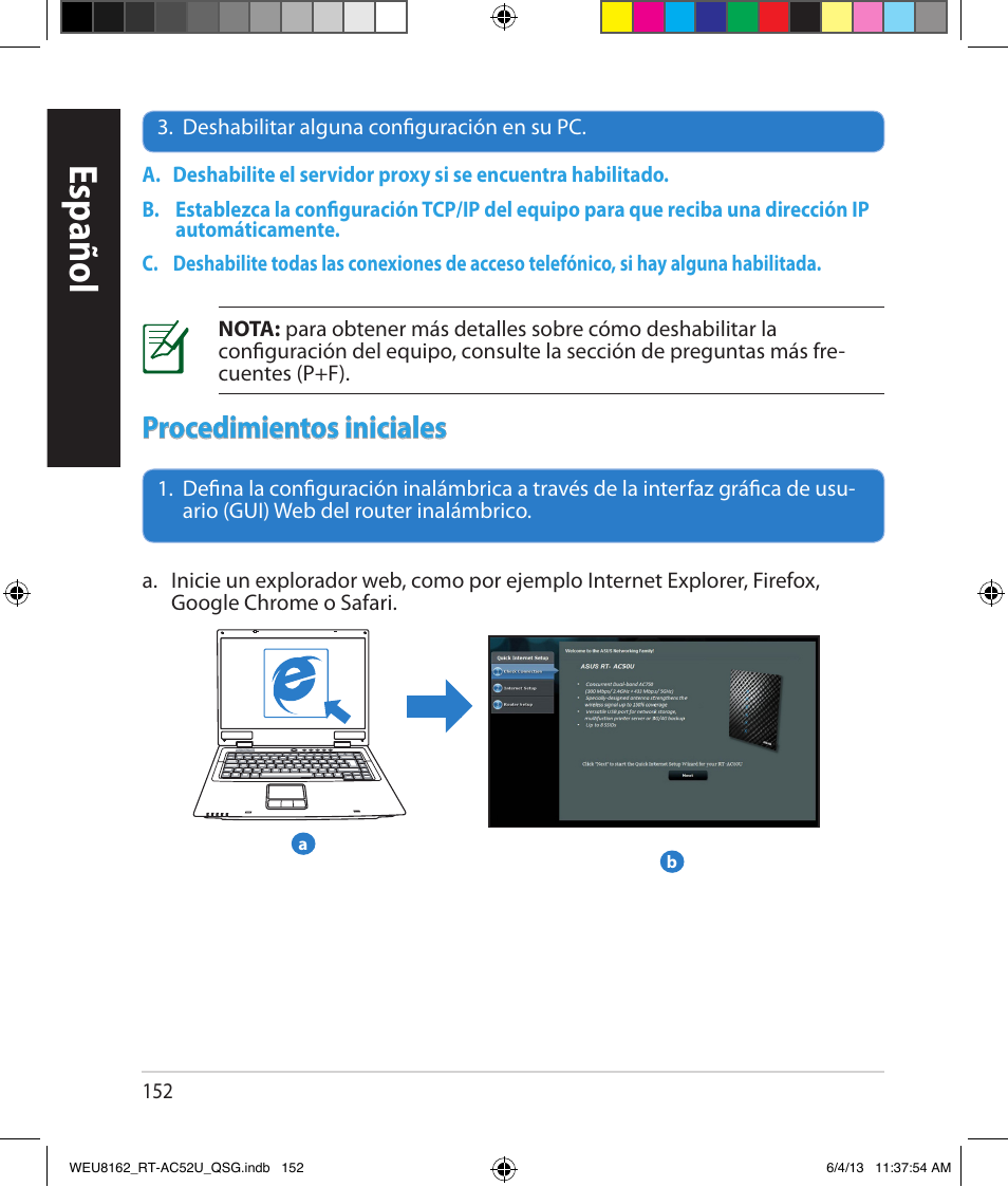 Español, Procedimientos iniciales | Asus RT-AC52U User Manual | Page 149 / 178