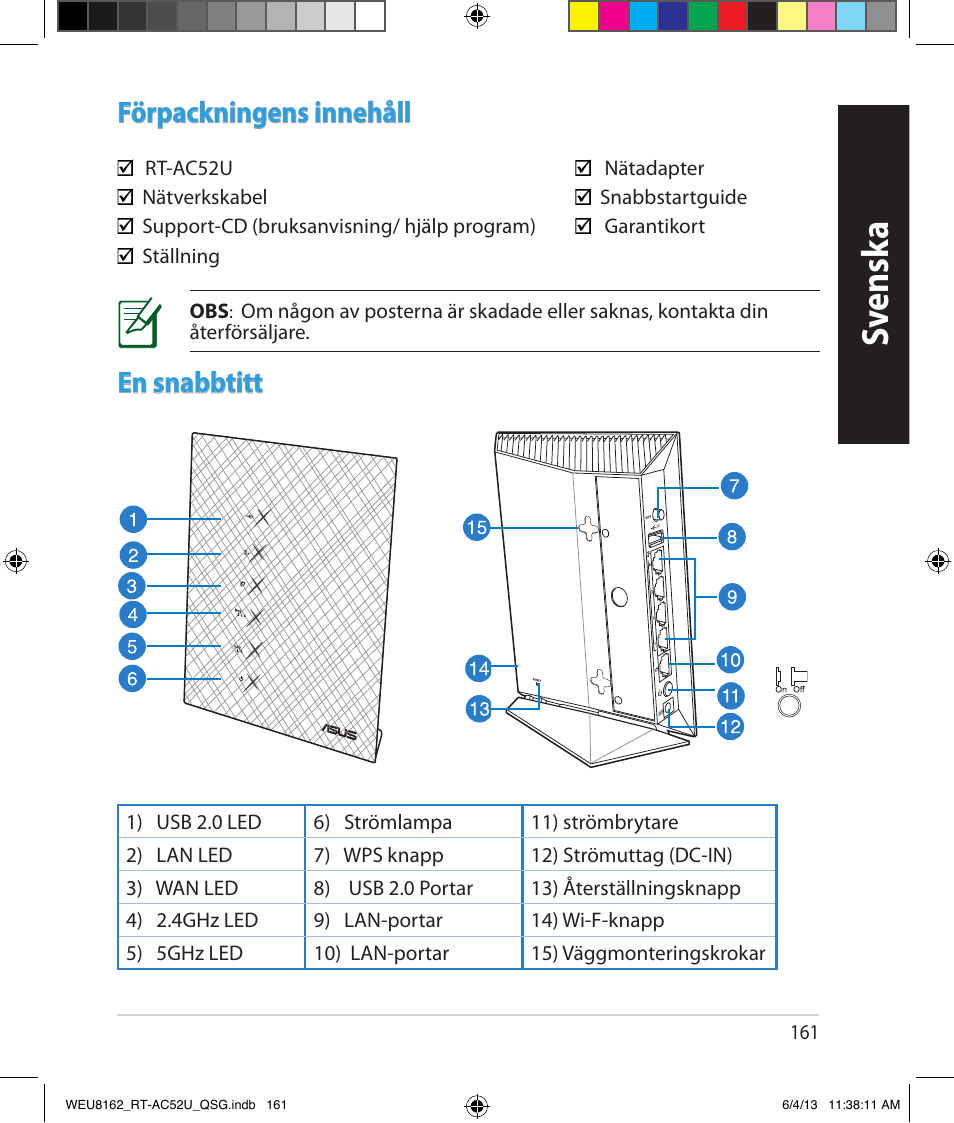 Sv ensk a, Förpackningens innehåll, En snabbtitt | Asus RT-AC52U User Manual | Page 158 / 178