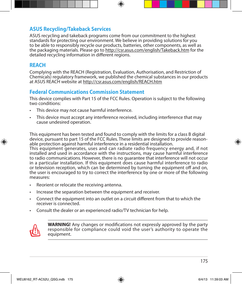 Asus recycling/takeback services, Reach, Federal communications commission statement | Asus RT-AC52U User Manual | Page 172 / 178