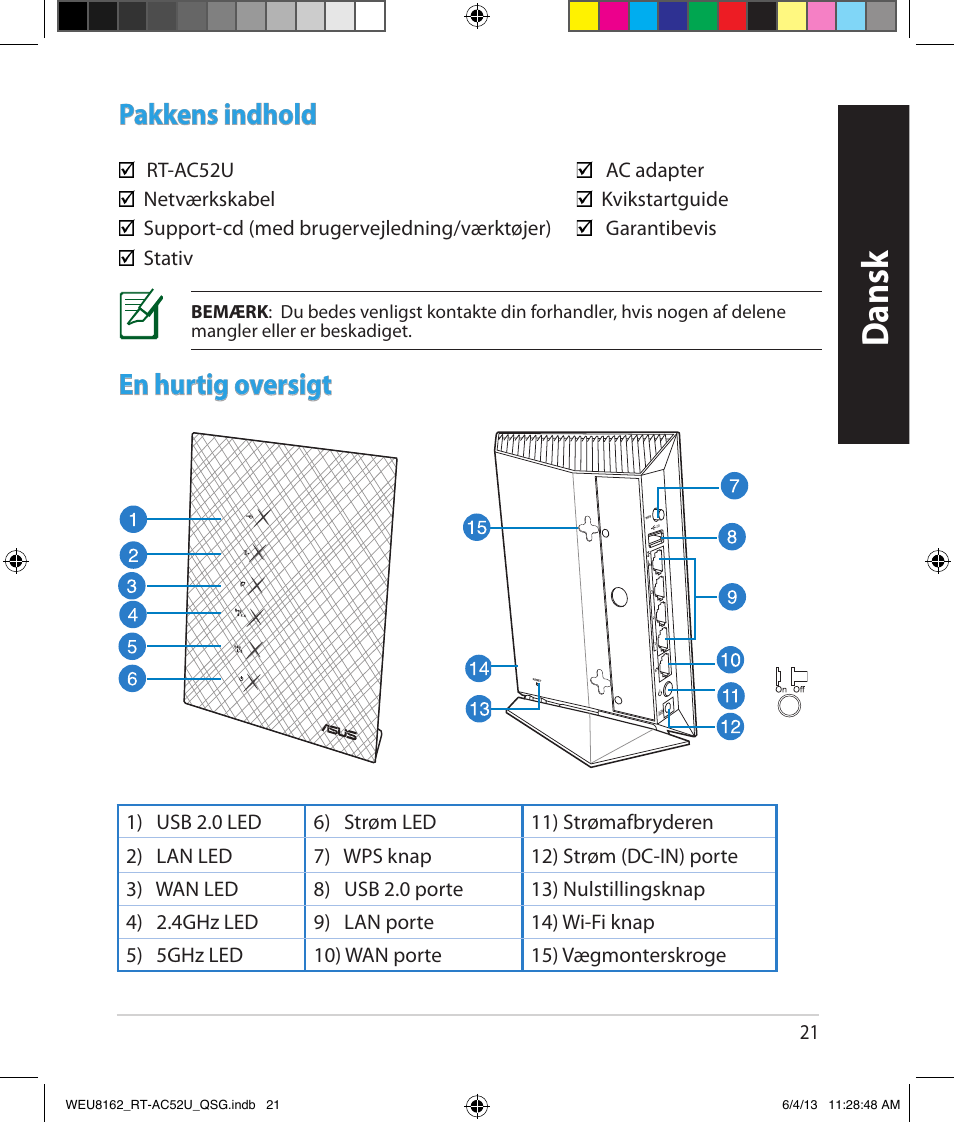 Dansk, Pakkens indhold, En hurtig oversigt | Asus RT-AC52U User Manual | Page 18 / 178