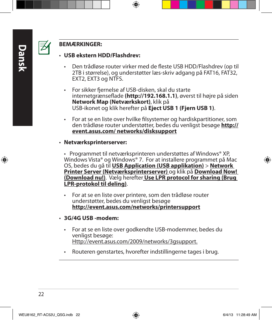 Dansk | Asus RT-AC52U User Manual | Page 19 / 178