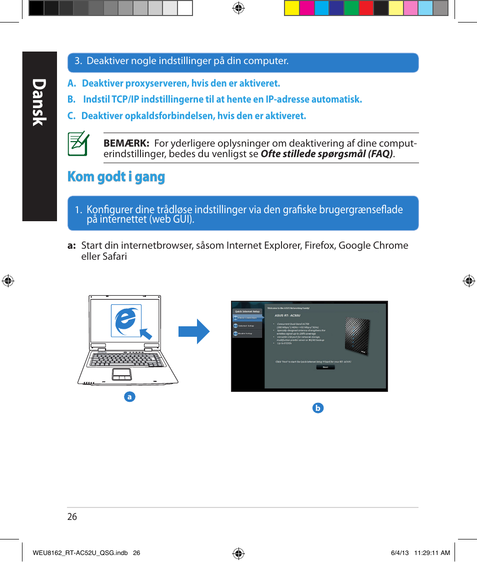Dansk, Kom godt i gang | Asus RT-AC52U User Manual | Page 23 / 178