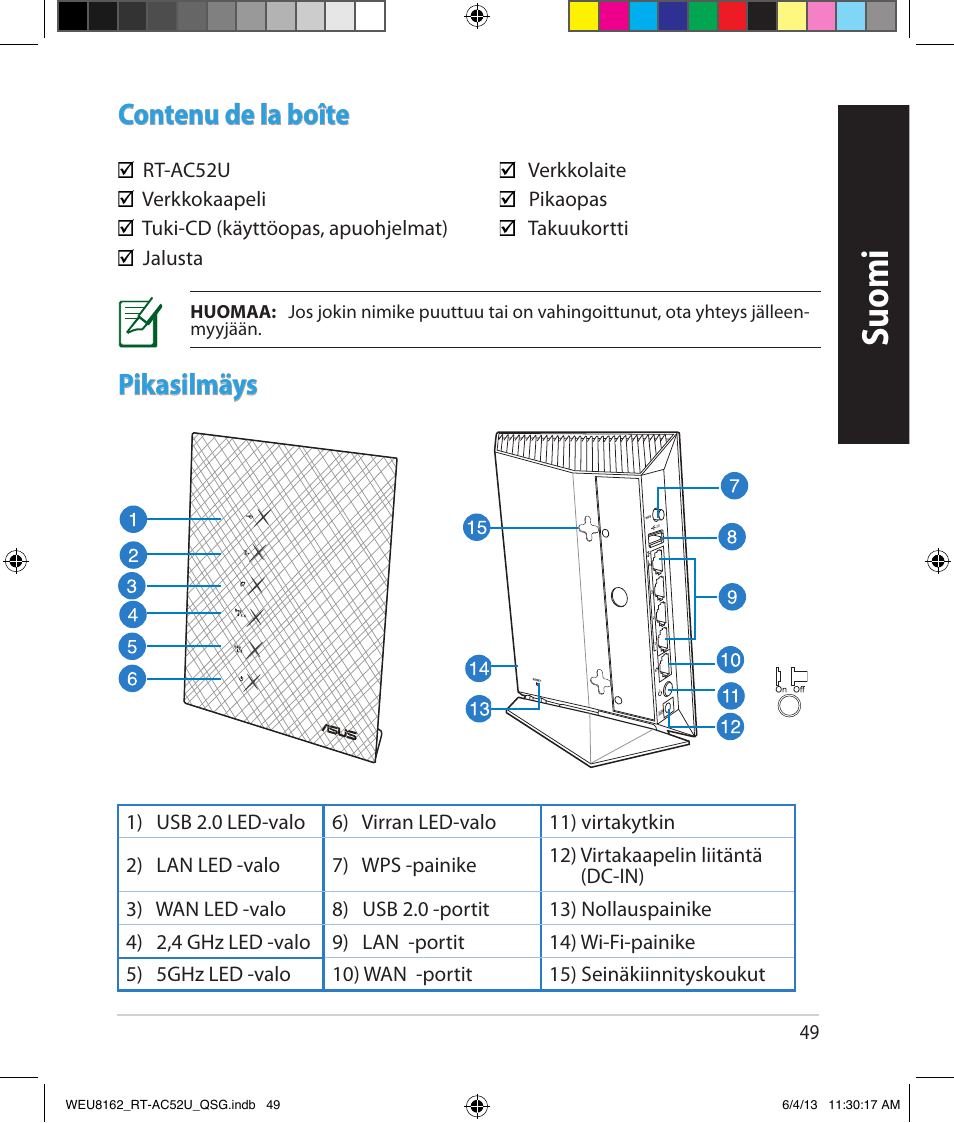 Suomi, Contenu de la boîte, Pikasilmäys | Asus RT-AC52U User Manual | Page 46 / 178