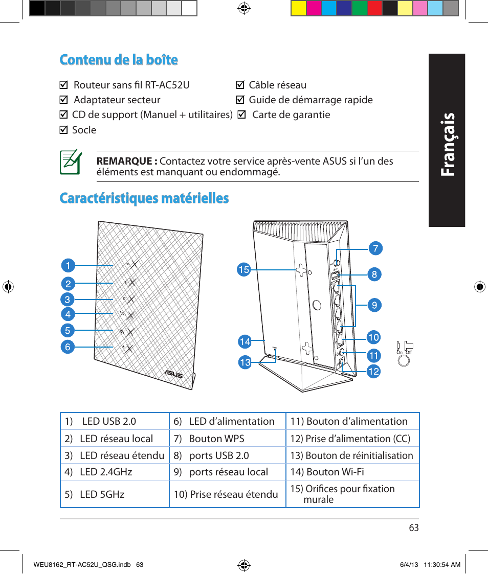 Fr anç ais, Contenu de la boîte, Caractéristiques matérielles | Asus RT-AC52U User Manual | Page 60 / 178