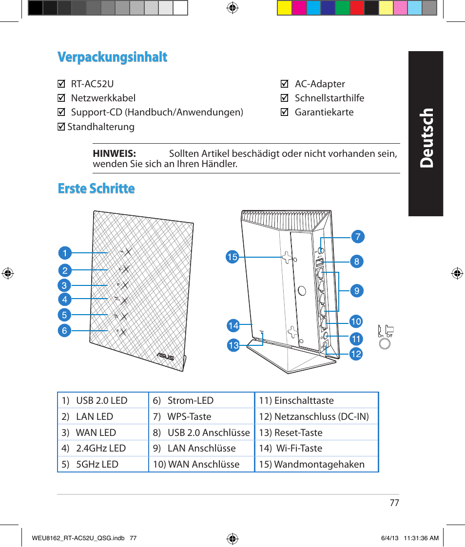 Deutsch, Verpackungsinhalt, Erste schritte | Asus RT-AC52U User Manual | Page 74 / 178