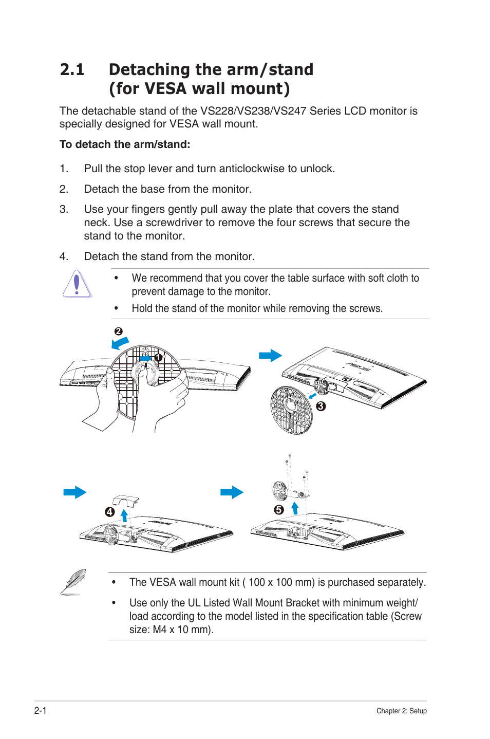 1 detaching the arm/stand (for vesa wall mount) | Asus VS247N User Manual | Page 12 / 23