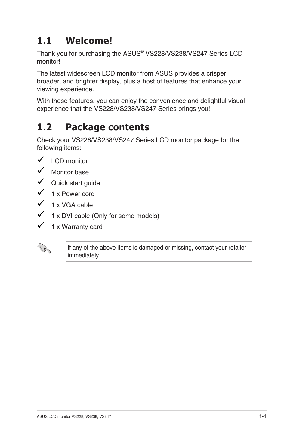 1 welcome, 2 package contents | Asus VS247N User Manual | Page 7 / 23