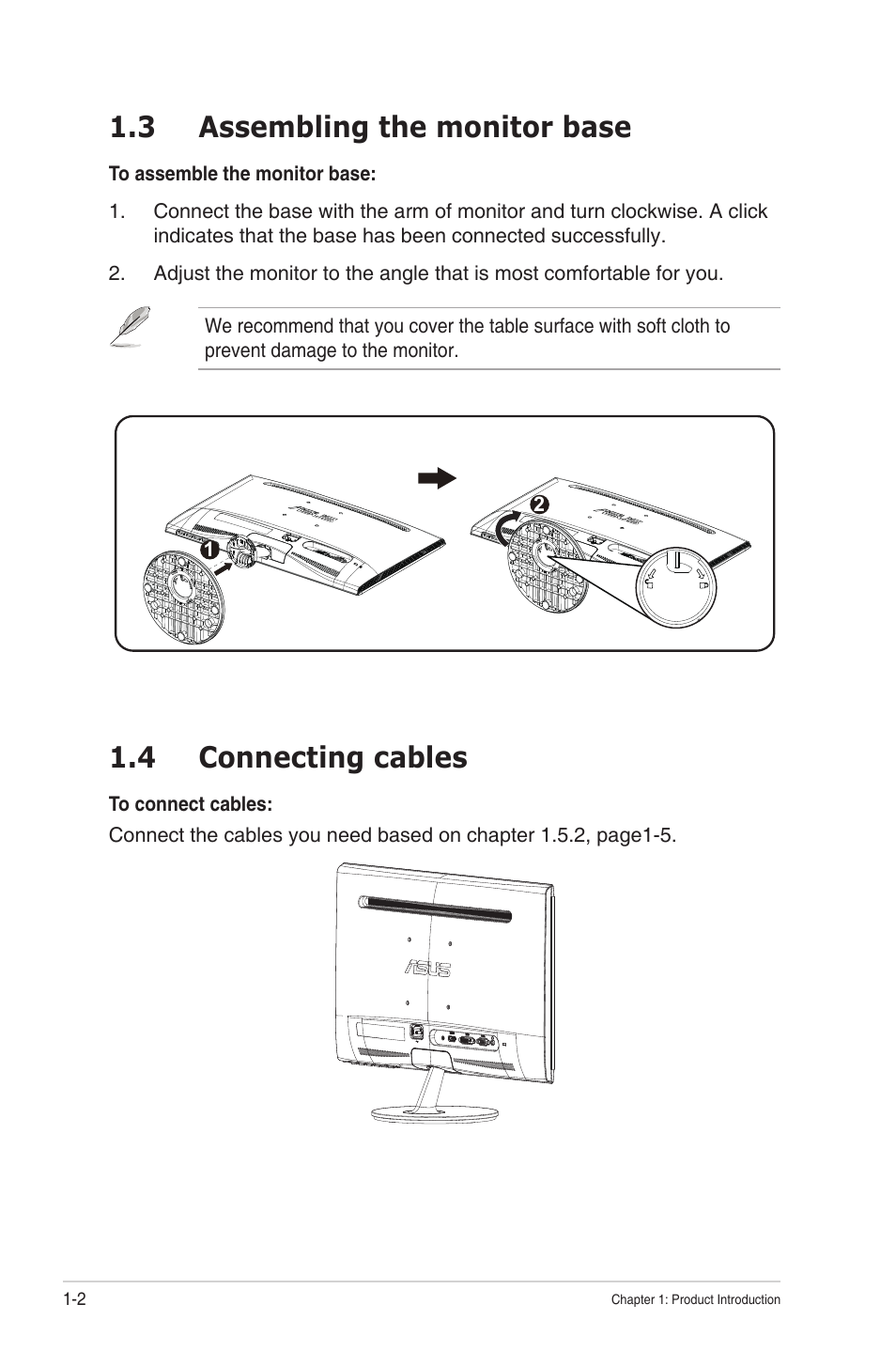 3 assembling the monitor base, 4 connecting cables | Asus VS247N User Manual | Page 8 / 23